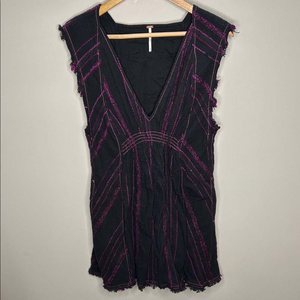 Free People Dress Boho Burlap Raw Flowy Frayed Plunge - Picture 2 of 11